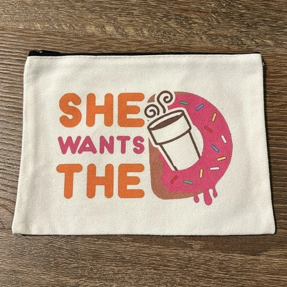 She Wants The D Dunkin Doughnuts Inspired Canvas Cosmetic Pouch Bag - Picture 3 of 3